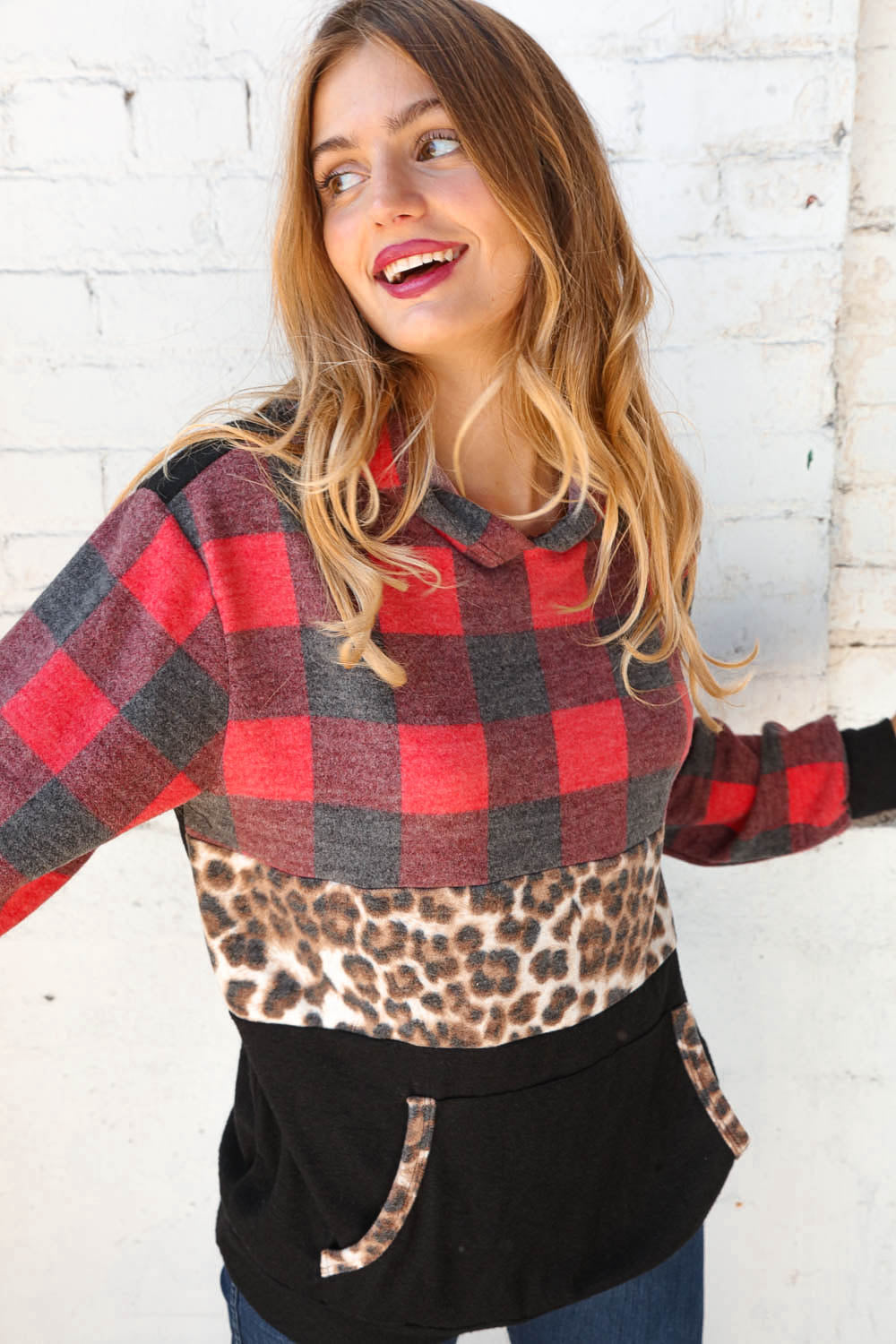 Plaid & Leopard Print Color Block Hoodie