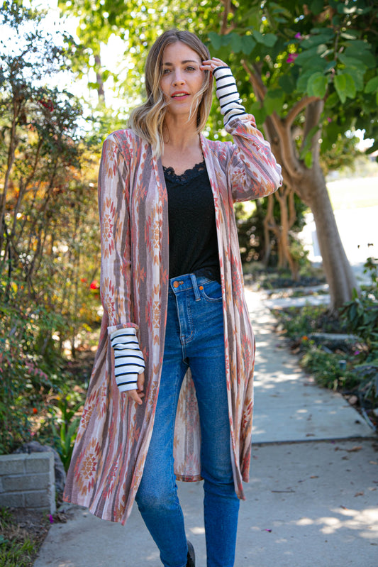 Aztec Printed Stripe Sleeve Open Cardigan