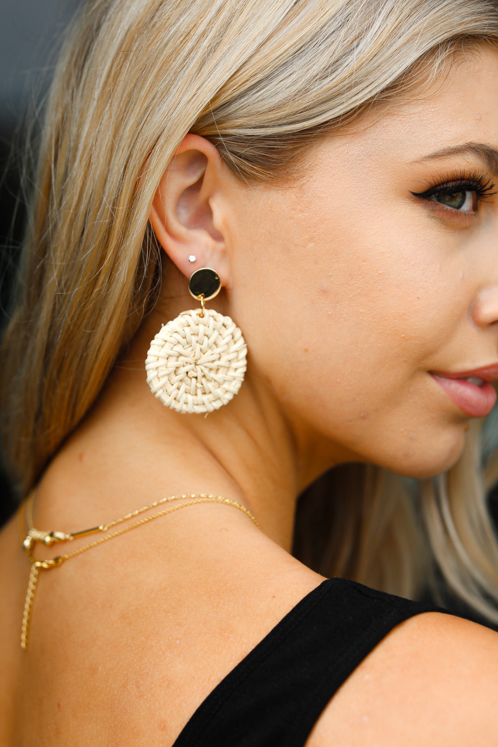 Ivory & Gold Rattan Woven Round Dangle Earrings