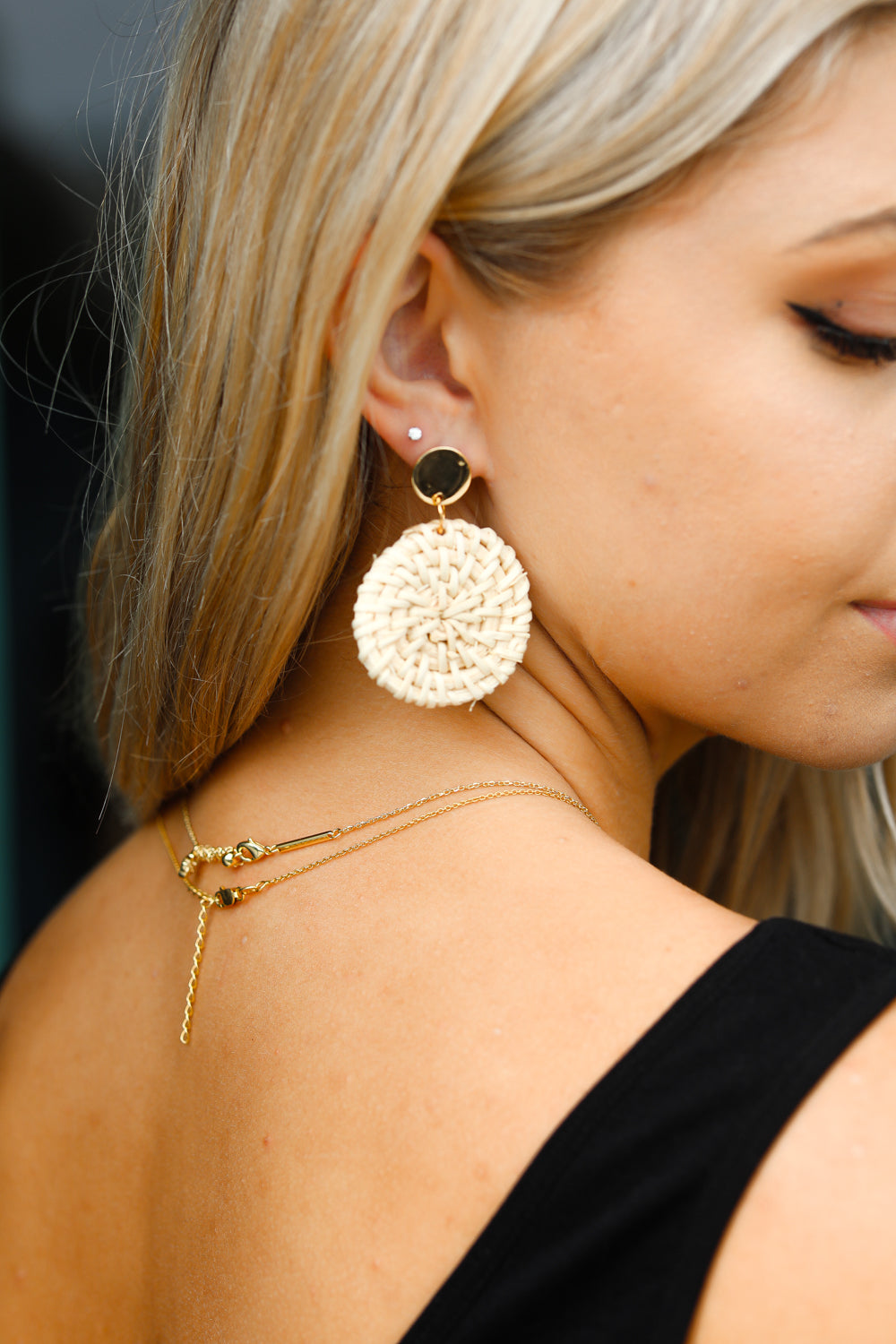 Ivory & Gold Rattan Woven Round Dangle Earrings