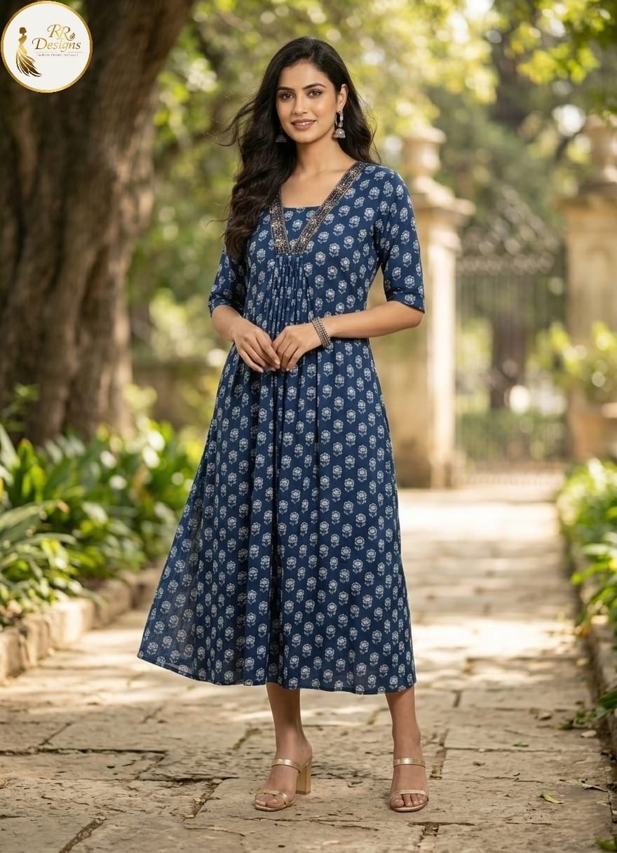 Indigo Dreams Cotton Front Pleated Kurti
