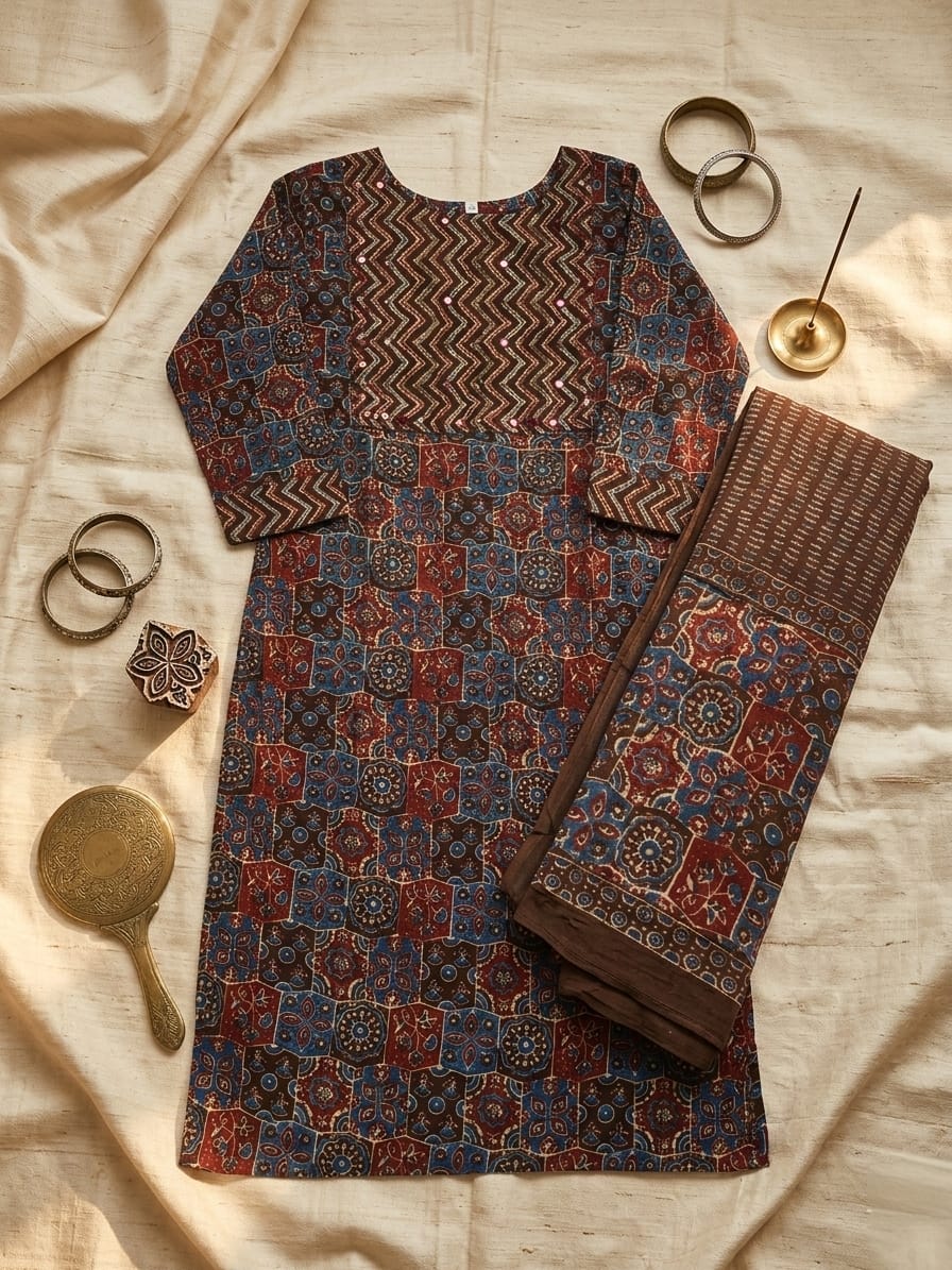 Ajrak Cotton Kurti with Dupatta