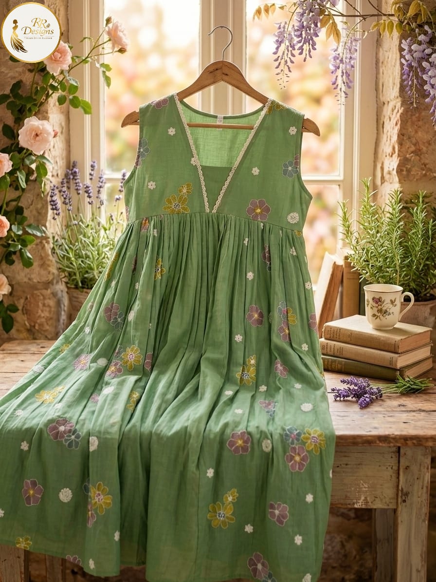 Olive Green Shade Mulchanderi Floral Embroidery Kurti Set