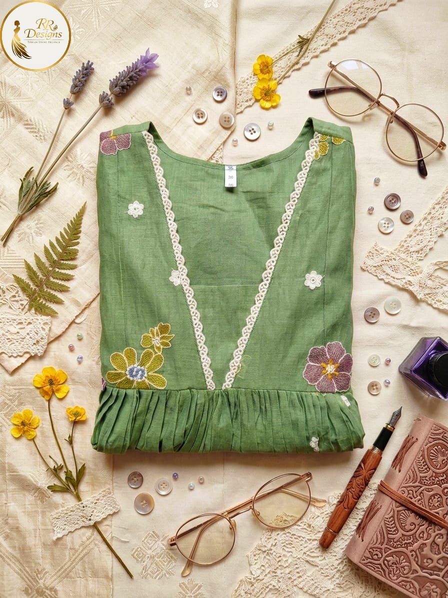 Olive Green Shade Mulchanderi Floral Embroidery Kurti Set