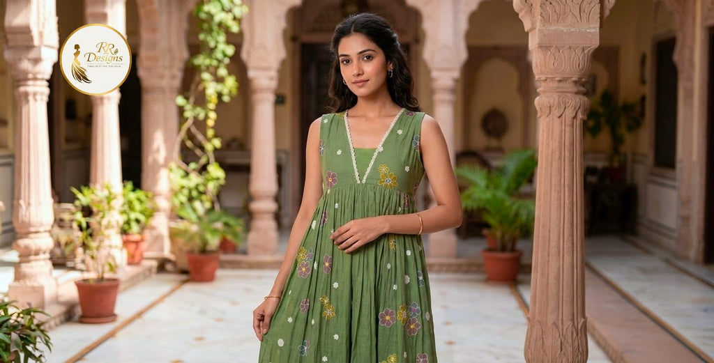 Olive Green Shade Mulchanderi Floral Embroidery Kurti Set