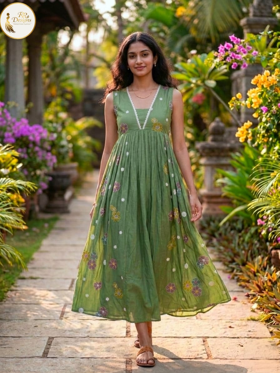 Olive Green Shade Mulchanderi Floral Embroidery Kurti Set