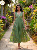 Olive Green Shade Mulchanderi Floral Embroidery Kurti Set