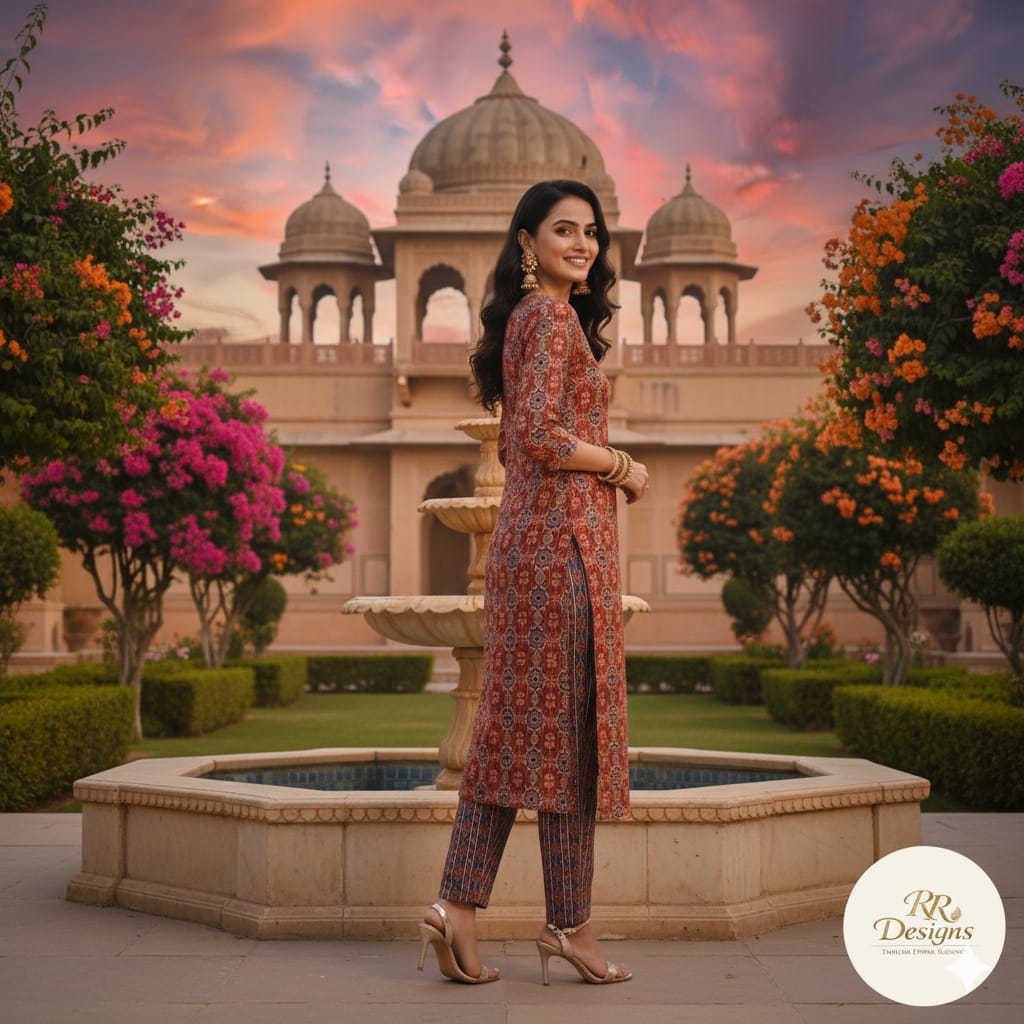 Rust Red Geometric Print Kurta Set