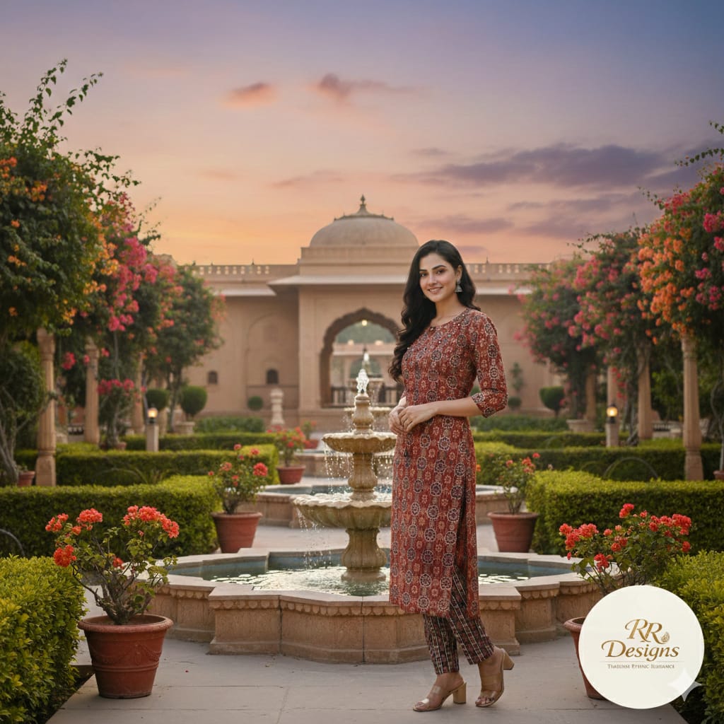 Rust Red Geometric Print Kurta Set