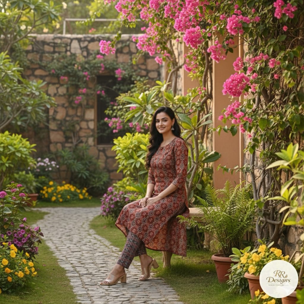 Rust Red Geometric Print Kurta Set
