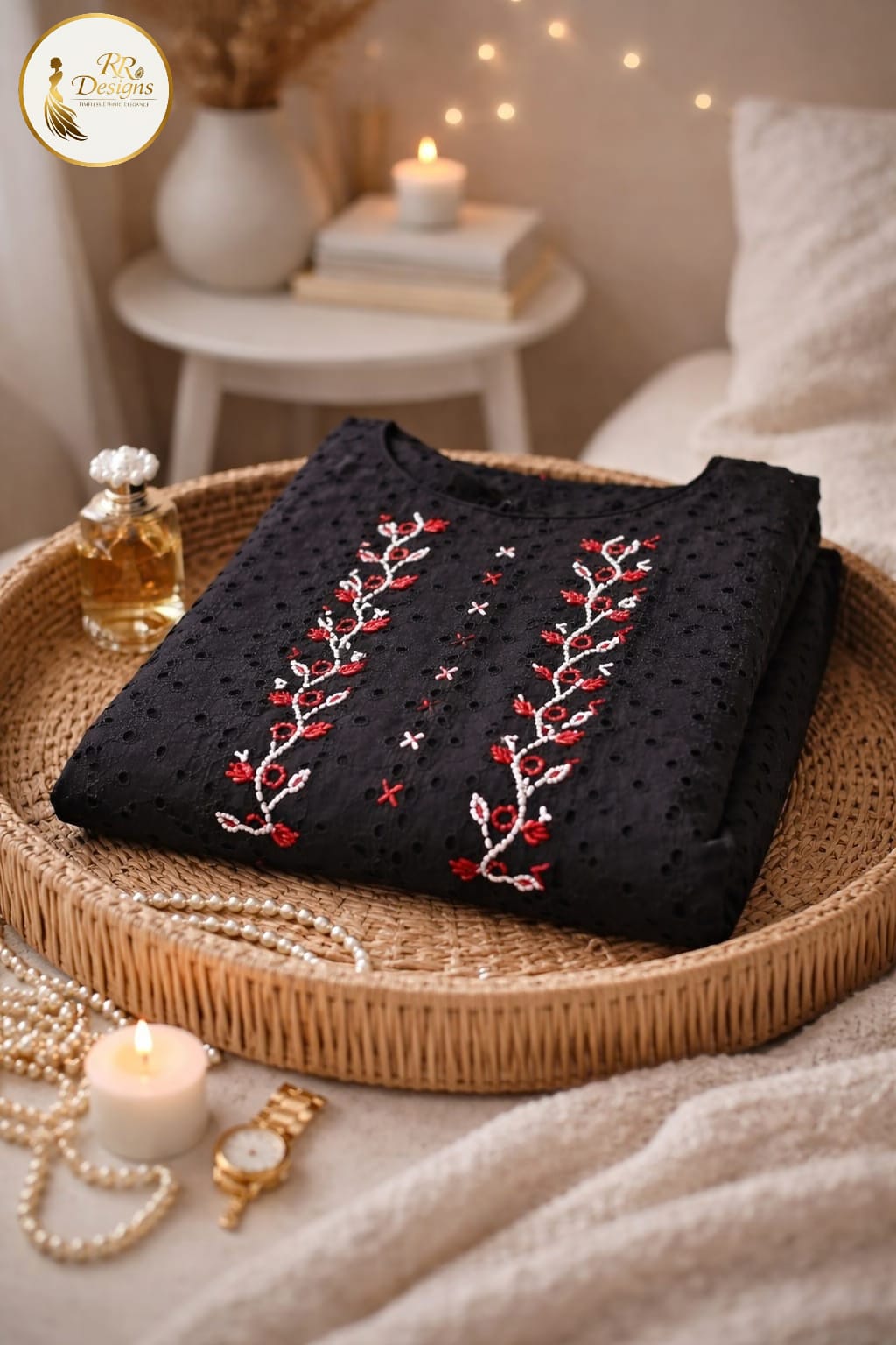 Breathable Black Hakoba Cotton Kurti | Floral Embroidery