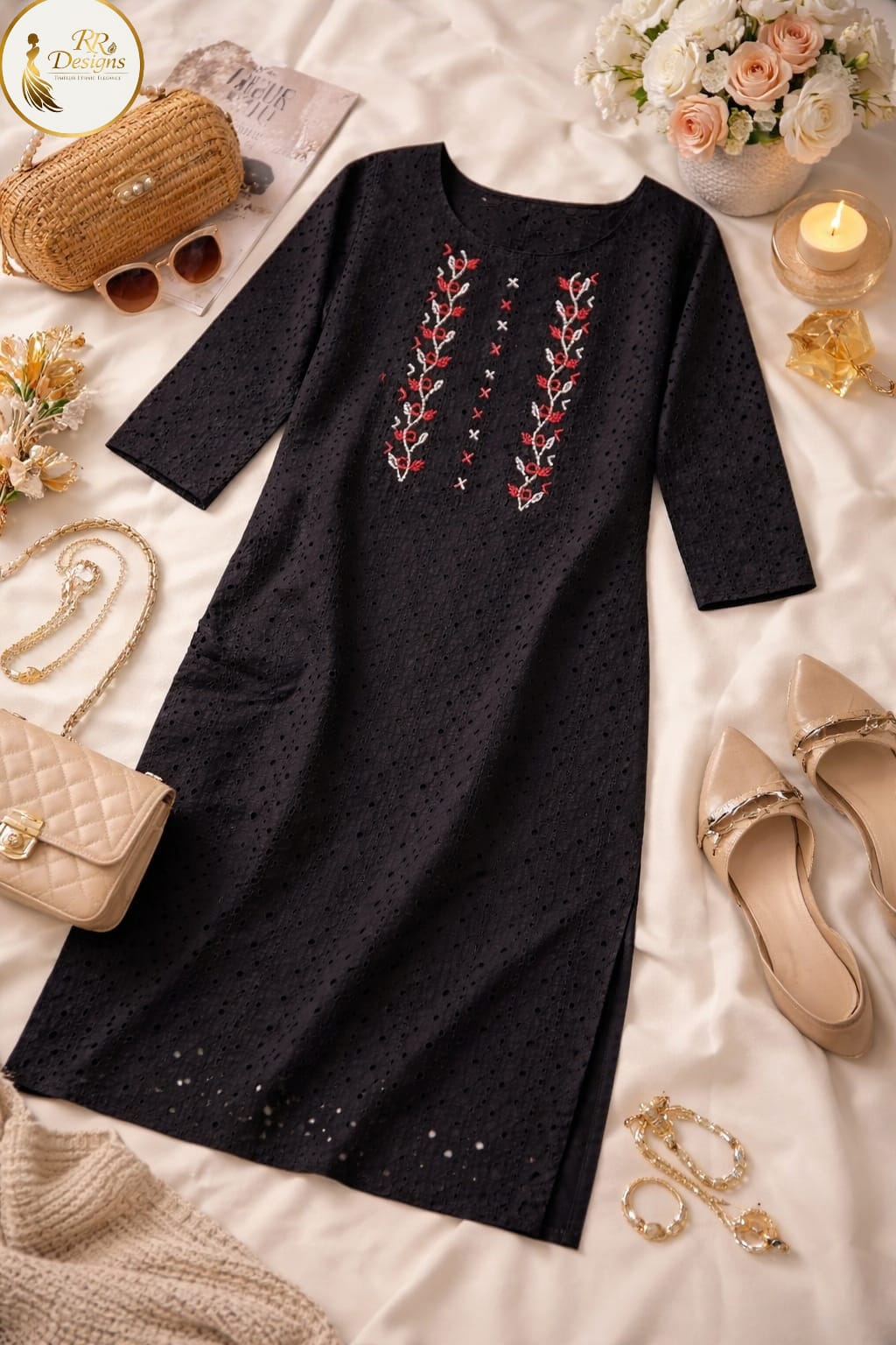 Breathable Black Hakoba Cotton Kurti | Floral Embroidery