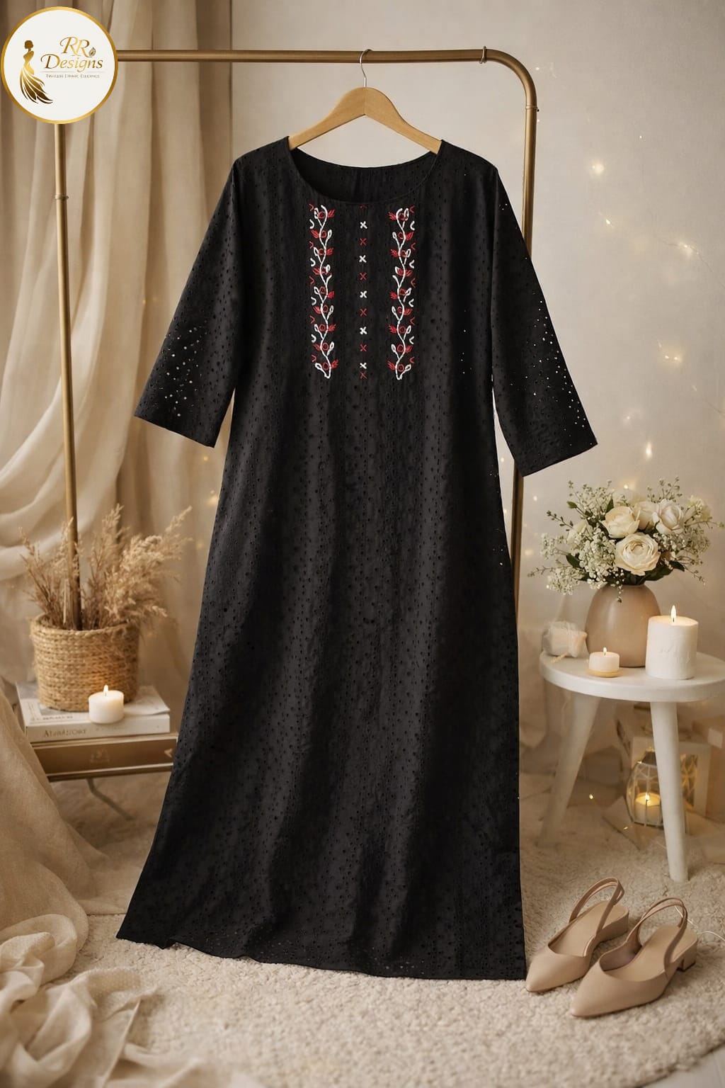 Breathable Black Hakoba Cotton Kurti | Floral Embroidery