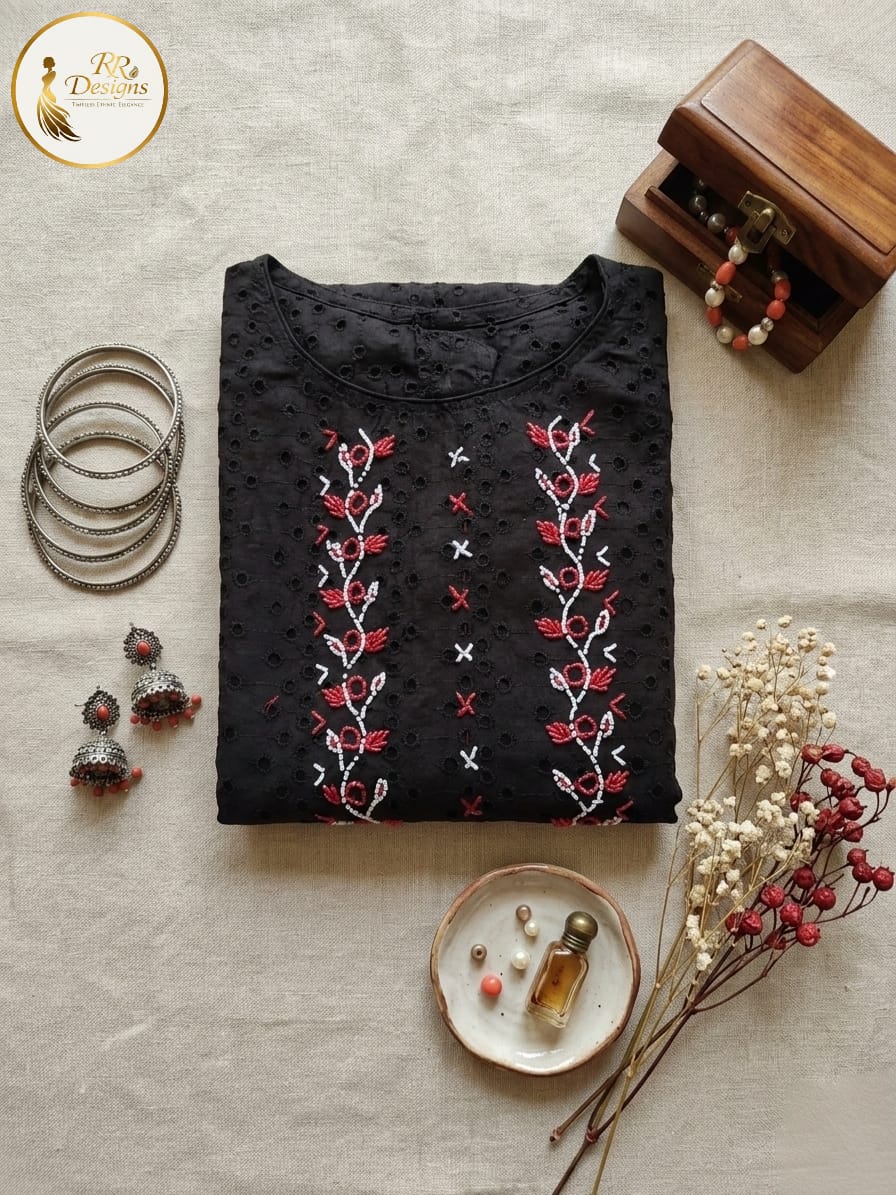 Breathable Black Hakoba Cotton Kurti | Floral Embroidery