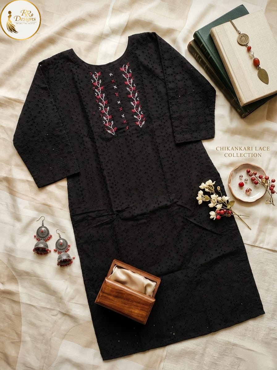 Breathable Black Hakoba Cotton Kurti | Floral Embroidery