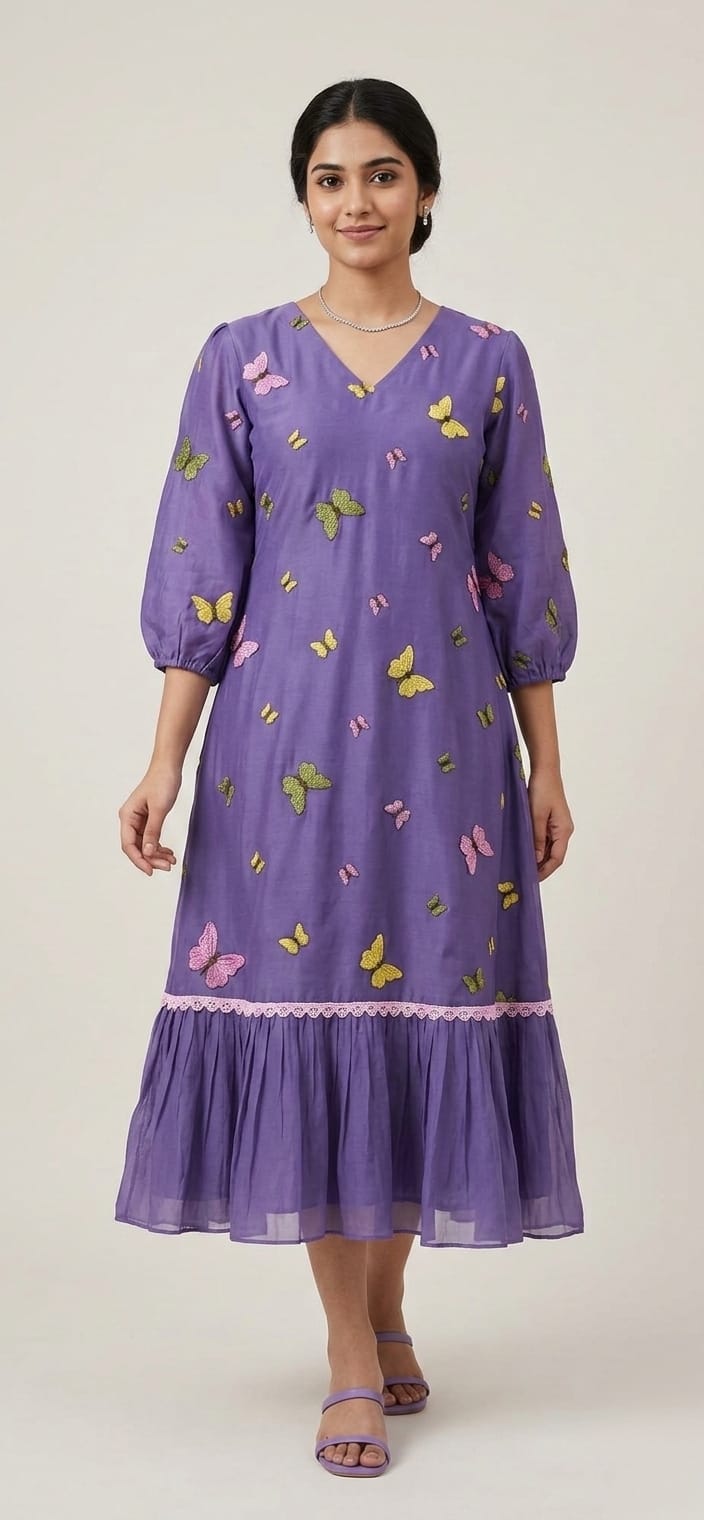 Purple Butterfly Embroidered Mulchanderi Cotton Dress