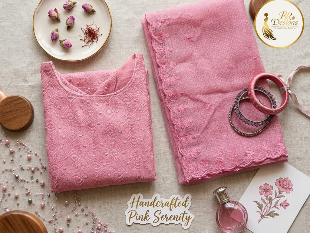 Elegant Rose Pink Embroidered Cotton Kurti Set with Dupatta