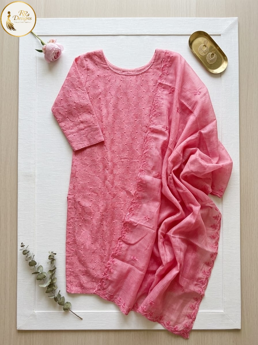 Elegant Rose Pink Embroidered Cotton Kurti Set with Dupatta