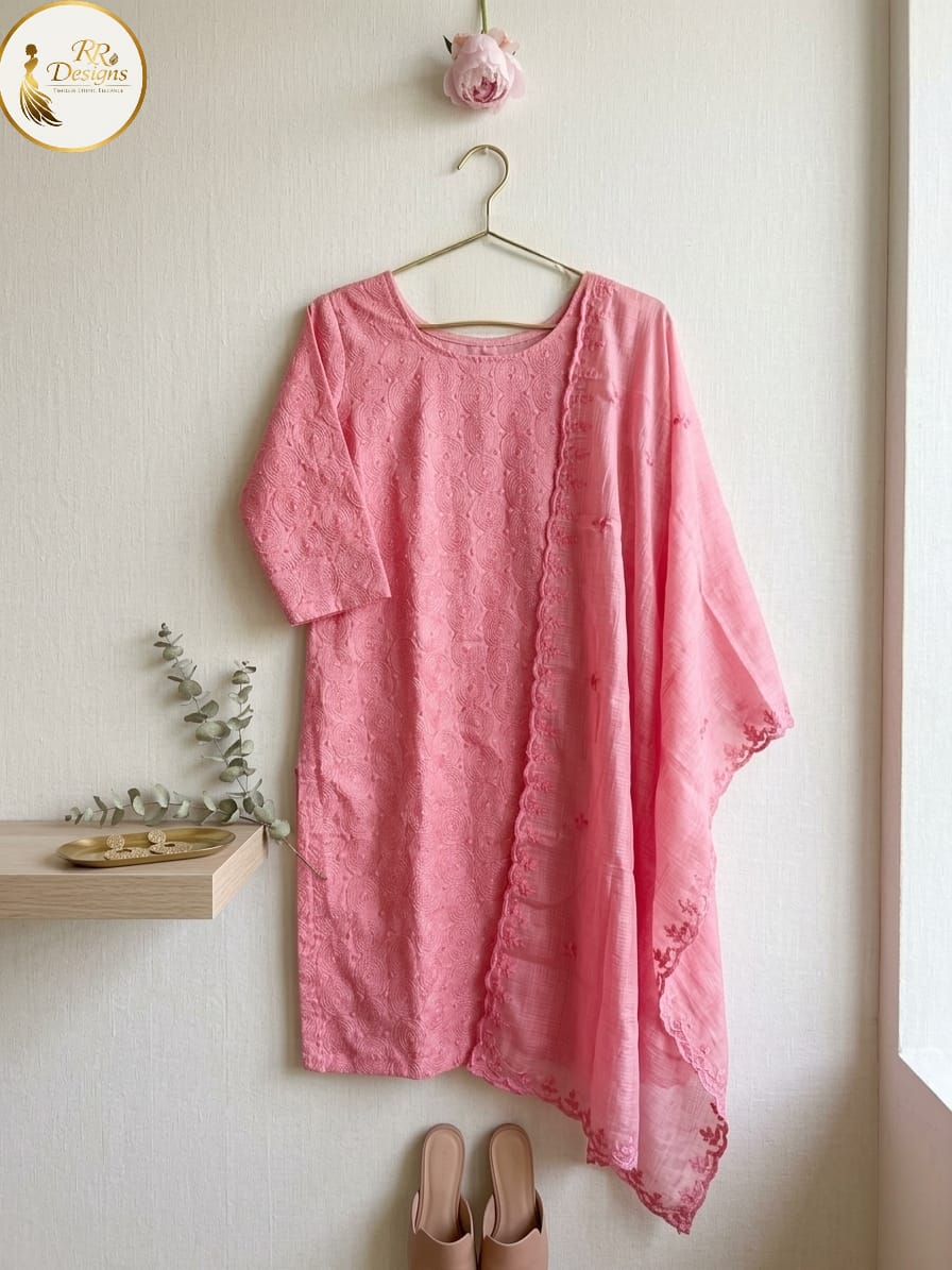 Elegant Rose Pink Embroidered Cotton Kurti Set with Dupatta