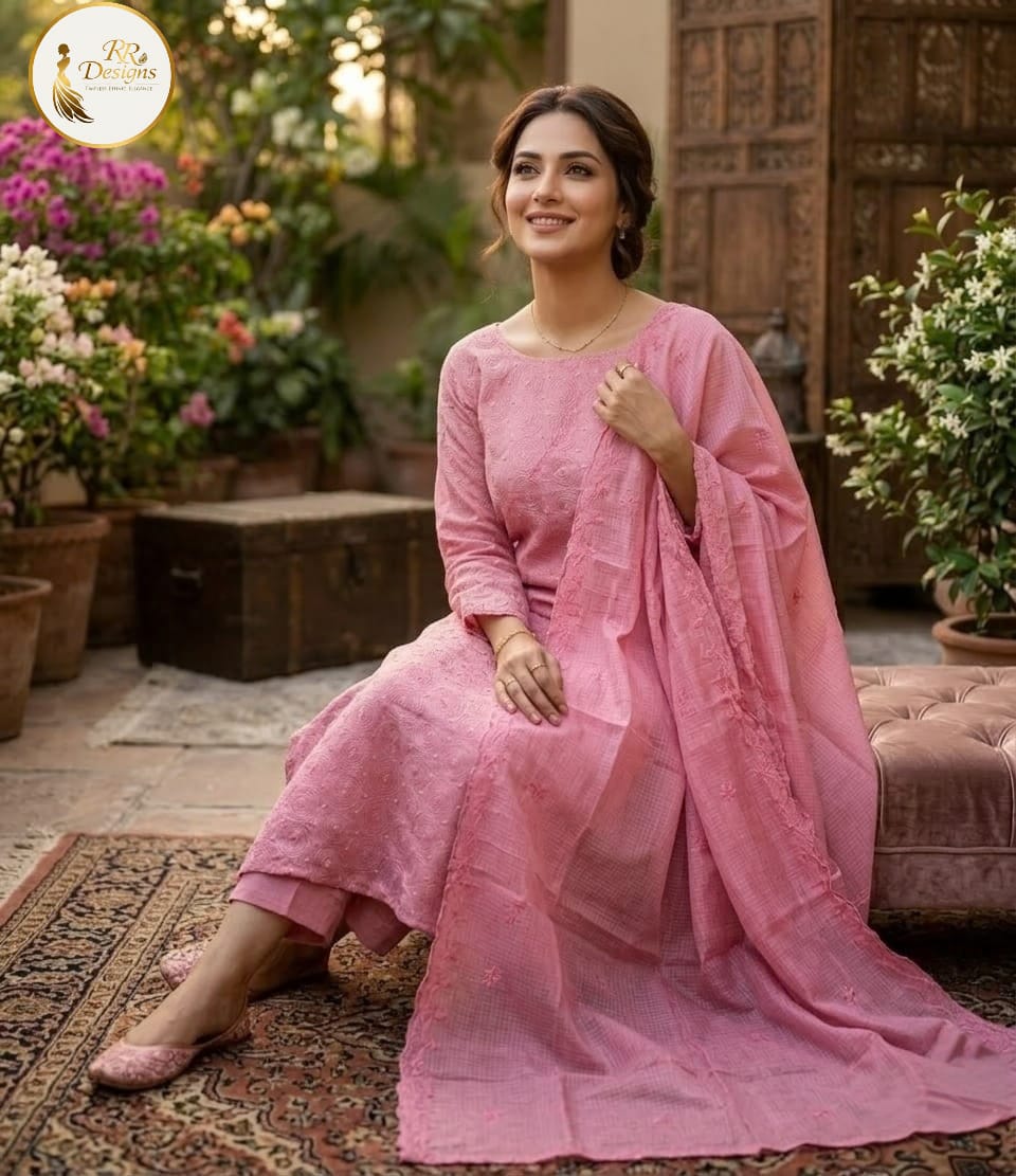 Elegant Rose Pink Embroidered Cotton Kurti Set with Dupatta