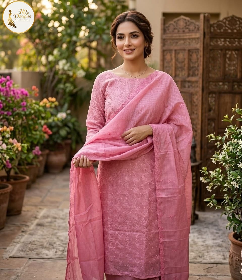 Elegant Rose Pink Embroidered Cotton Kurti Set with Dupatta