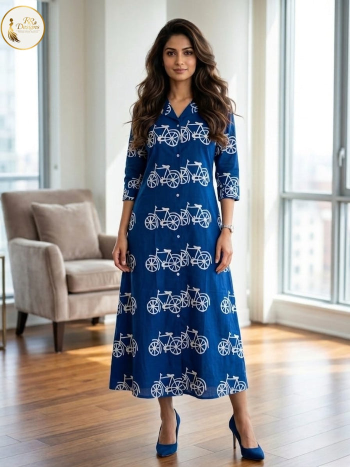 Royal Blue Bicycle Print Cotton Kurti
