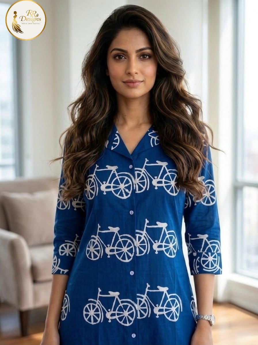 Royal Blue Cycle Print Cotton Kurti
