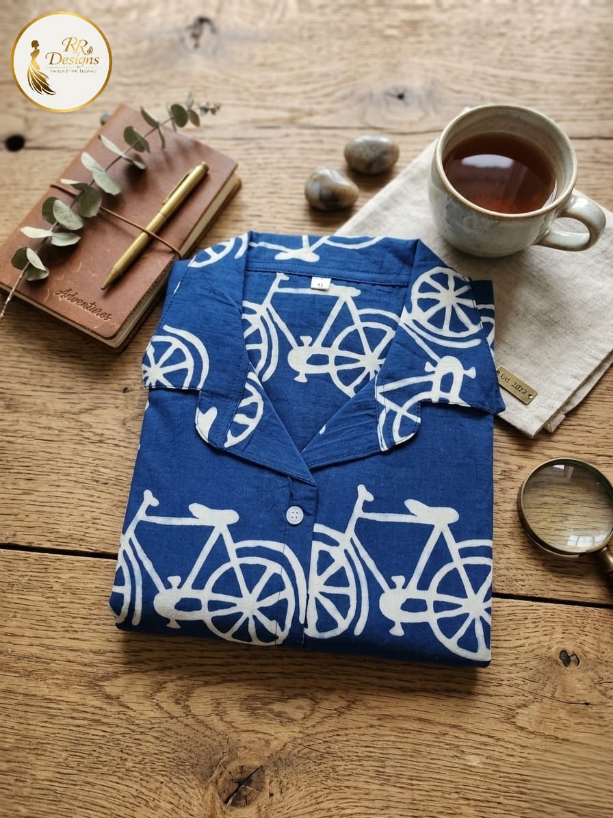 Royal Blue Cycle Print Cotton Kurti