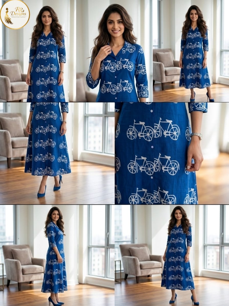 Royal Blue Cycle Print Cotton Kurti