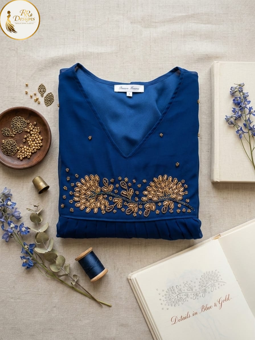 Elegant Deep Blue Georgette Flared Kurti with Gold Embroidery