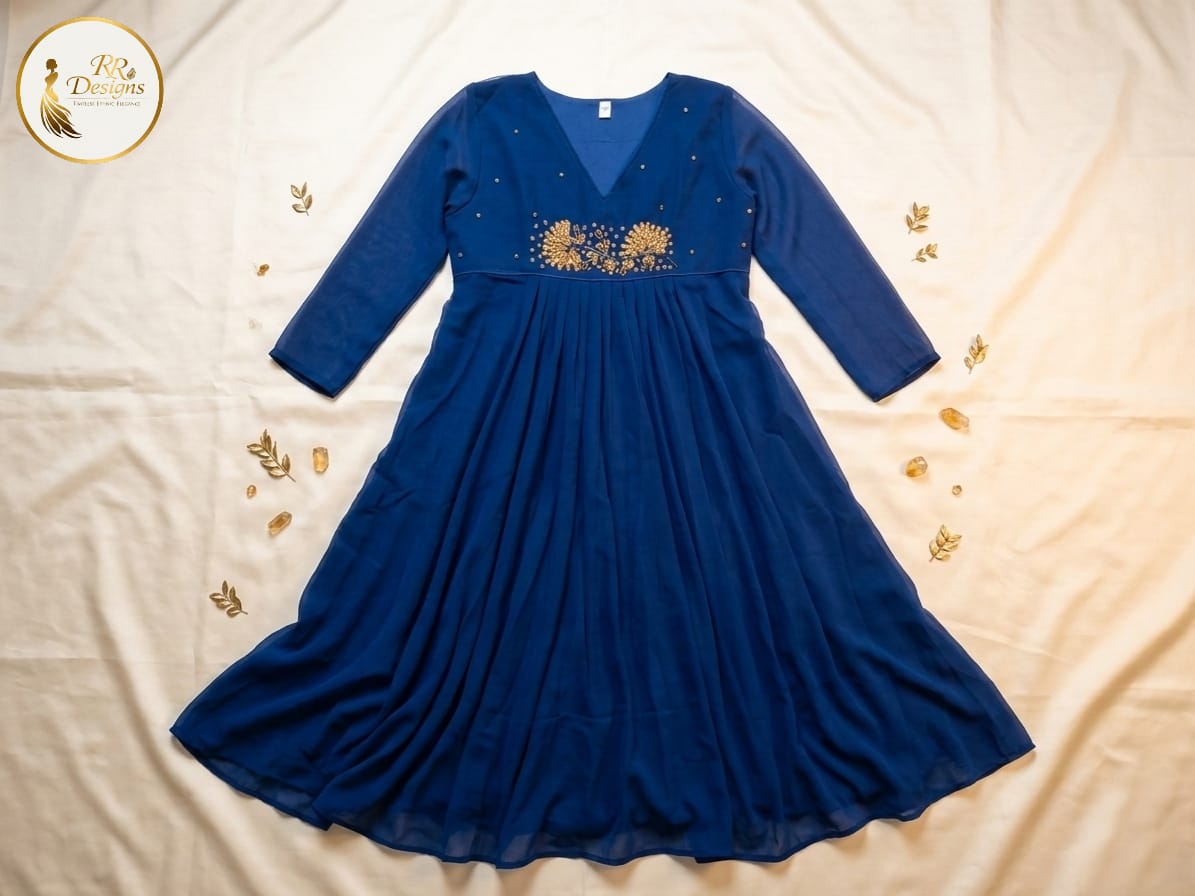 Elegant Deep Blue Georgette Flared Kurti with Gold Embroidery
