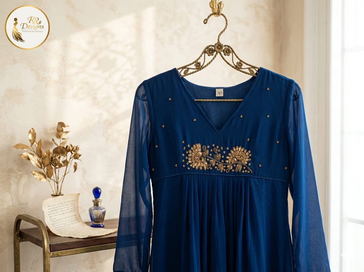 Elegant Deep Blue Georgette Flared Kurti with Gold Embroidery