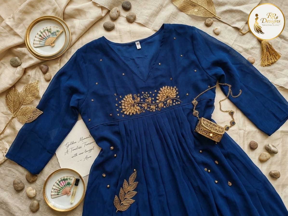 Elegant Deep Blue Georgette Flared Kurti with Gold Embroidery