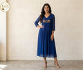 Elegant Deep Blue Georgette Flared Kurti with Gold Embroidery