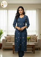 Midnight Bloom Mulchanderi Kurti & Pants Set