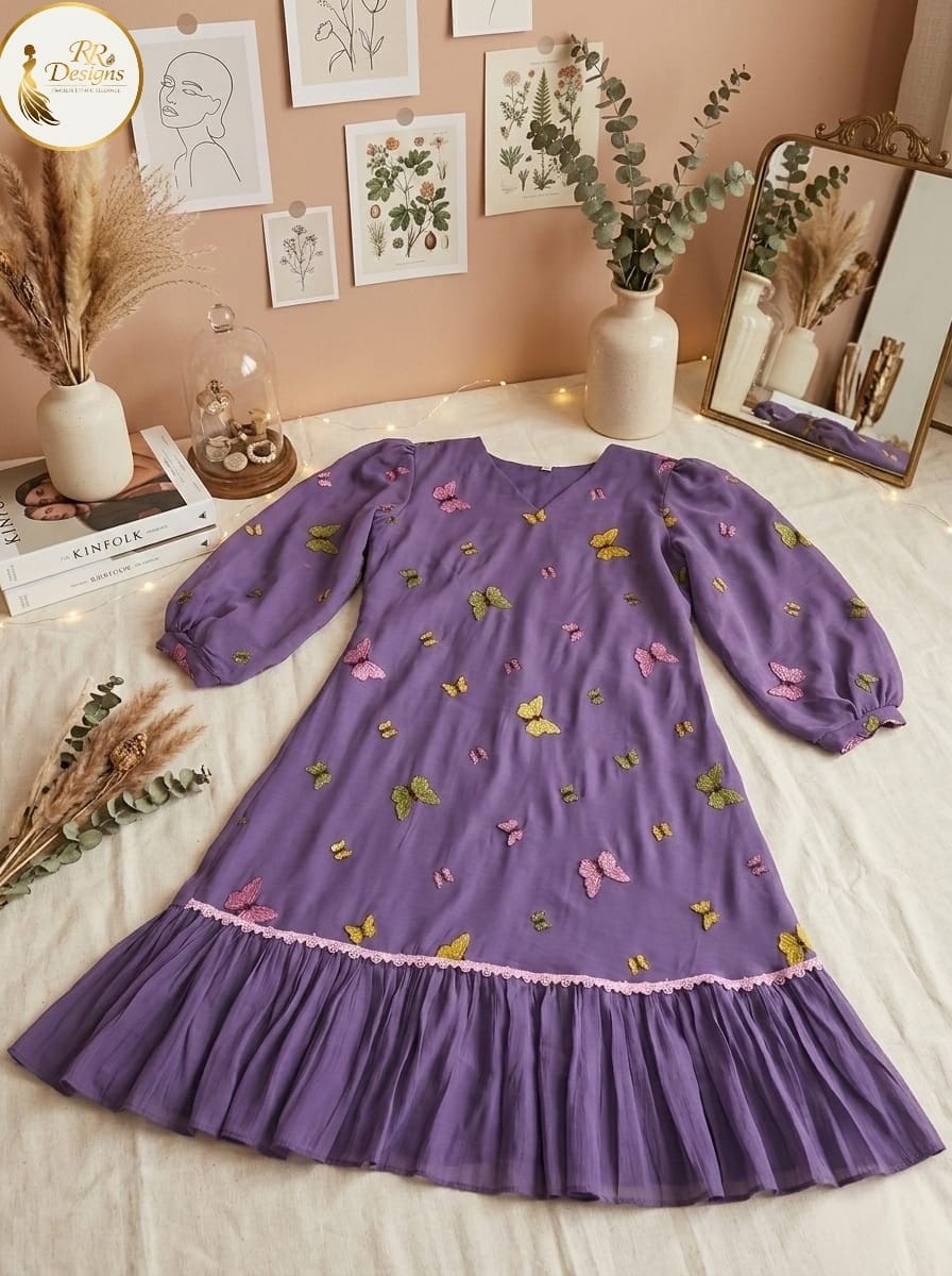 Purple Butterfly Embroidered Mulchanderi Cotton Dress