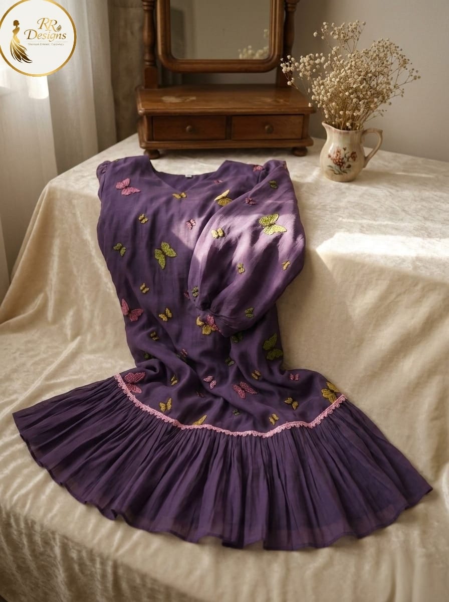 Purple Butterfly Embroidered Mulchanderi Cotton Dress