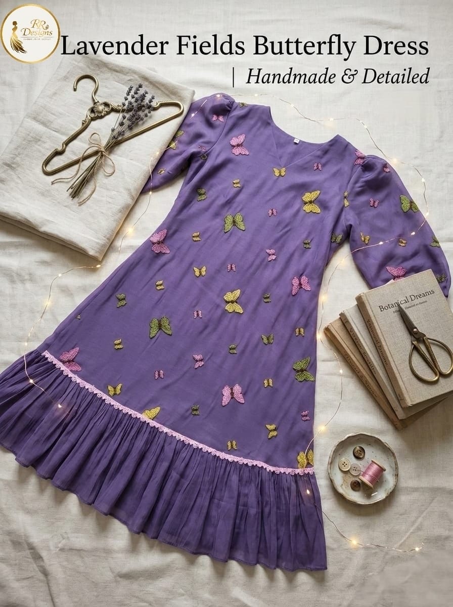 Purple Butterfly Embroidered Mulchanderi Cotton Dress