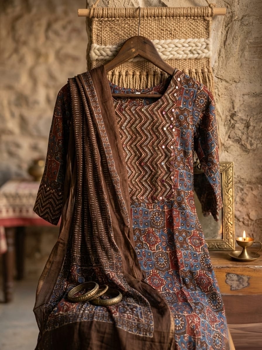 Ajrak Cotton Kurti with Dupatta