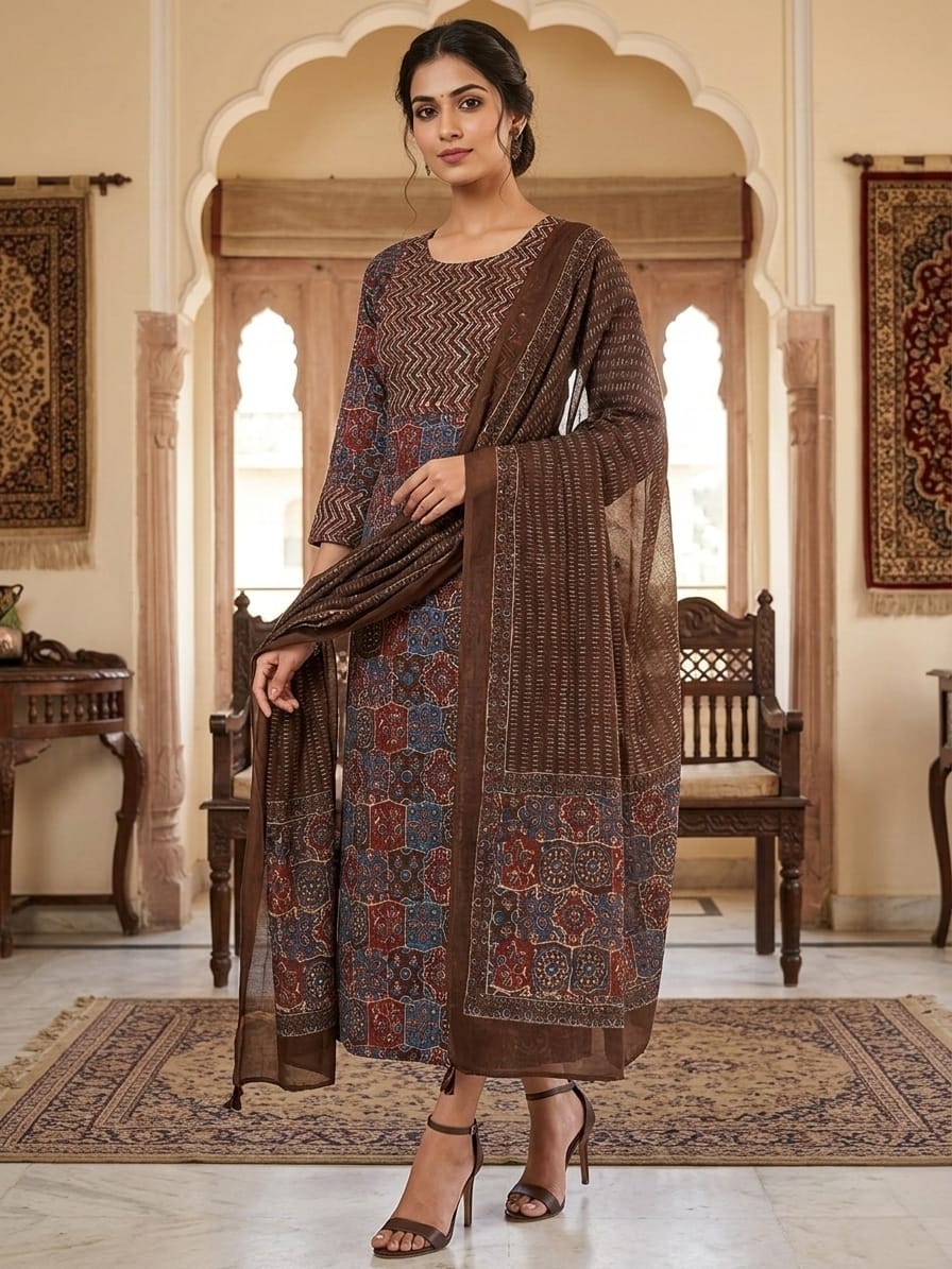 Ajrak Cotton Kurti with Dupatta