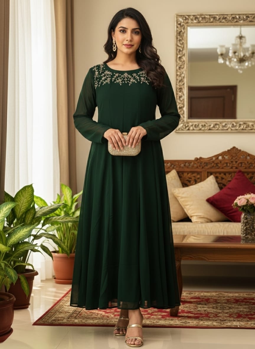 Bottle Green Paneled Anarkali Kurti