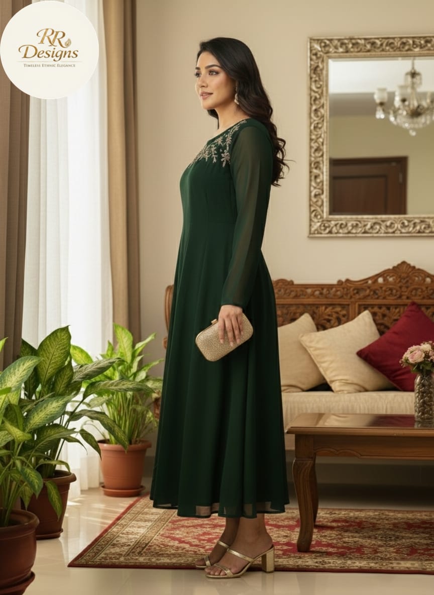 Bottle Green Paneled Anarkali Kurti