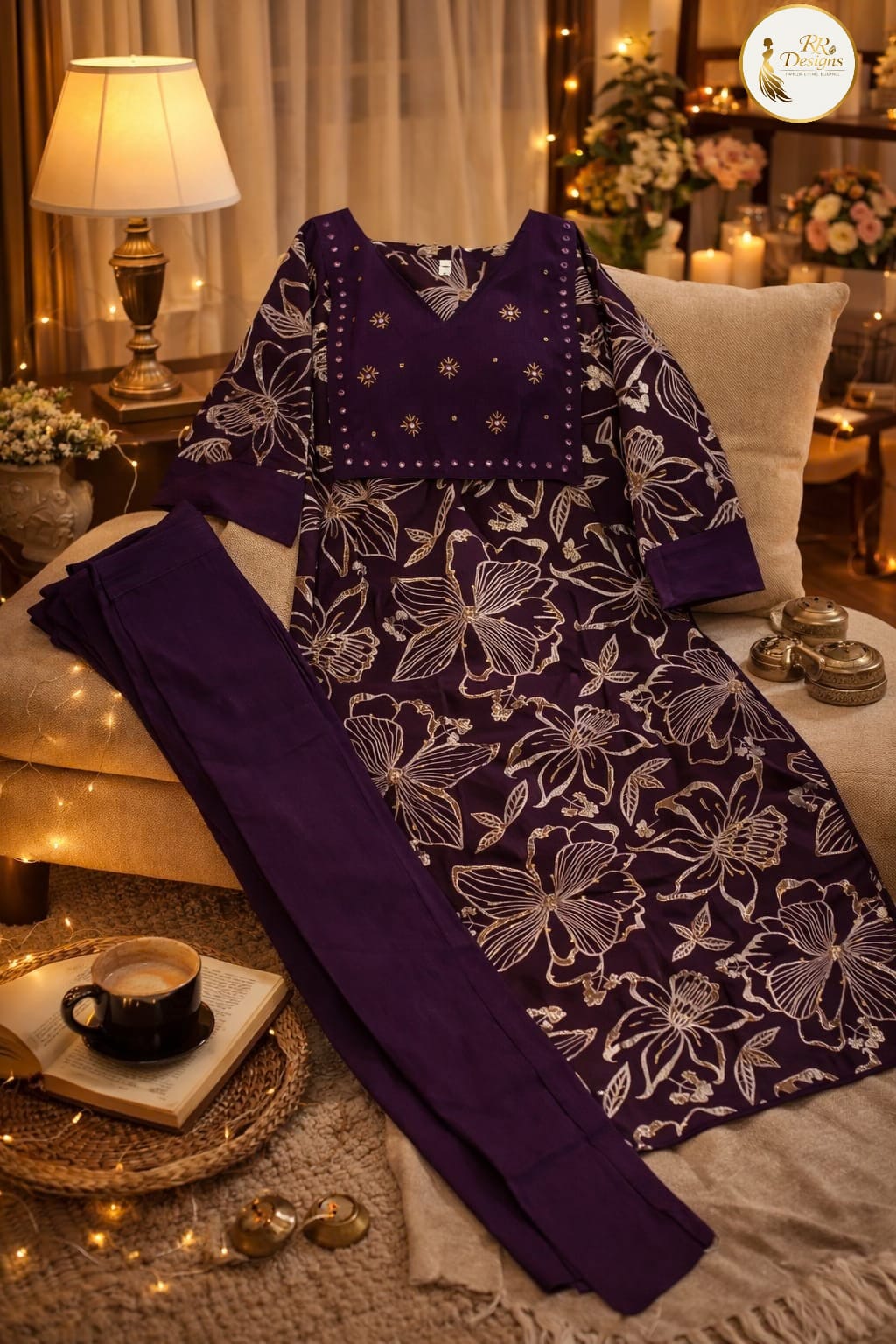 Royal Purple Gold Floral Kurti with Embroidered Yoke | Festive Ethnic Wear