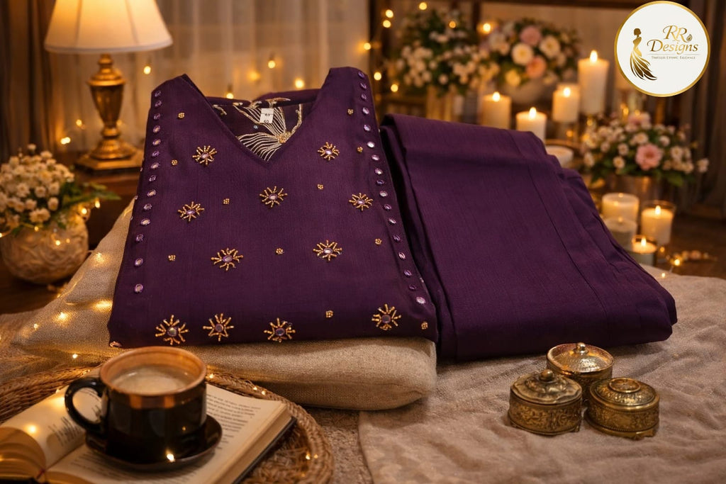 Royal Purple Gold Floral Kurti with Embroidered Yoke | Festive Ethnic Wear