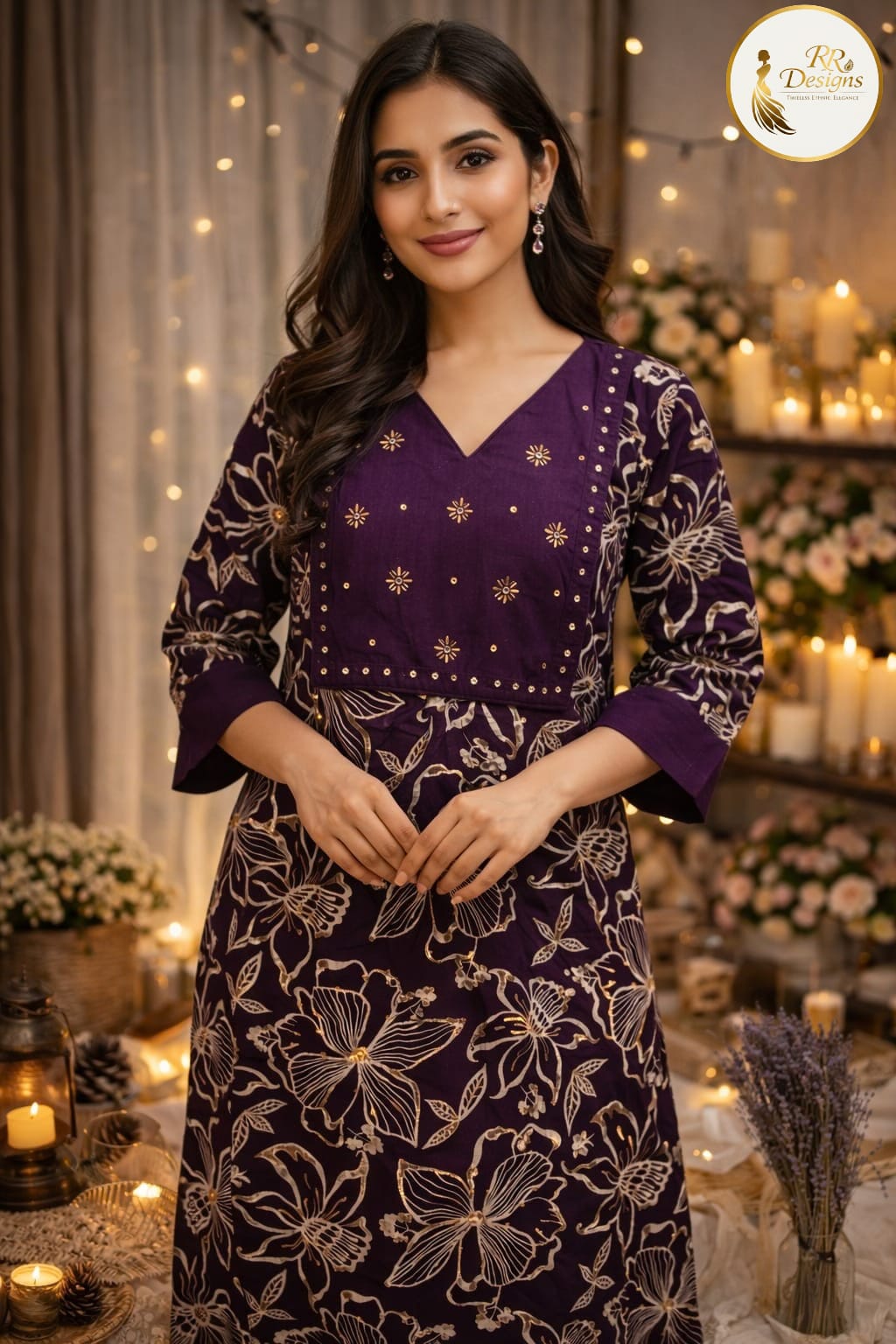 Royal Purple Gold Floral Kurti with Embroidered Yoke | Festive Ethnic Wear
