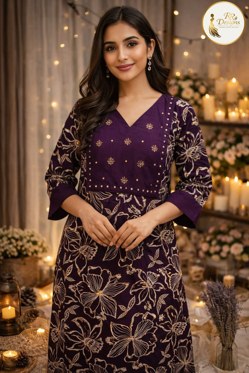 Royal Purple Gold Floral Embroidered Kurti