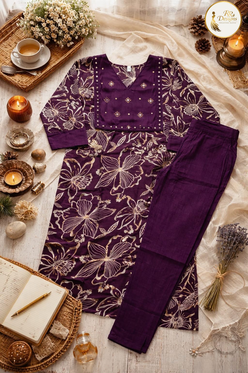 Royal Purple Gold Floral Kurti with Embroidered Yoke | Festive Ethnic Wear