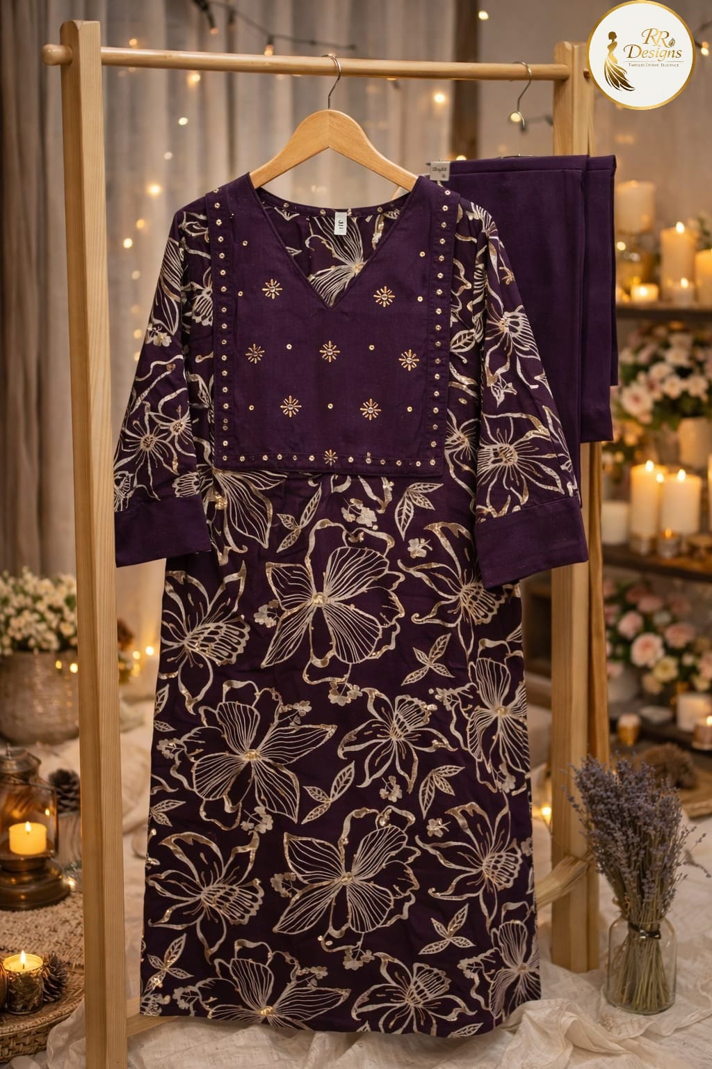 Royal Purple Gold Floral Kurti with Embroidered Yoke | Festive Ethnic Wear